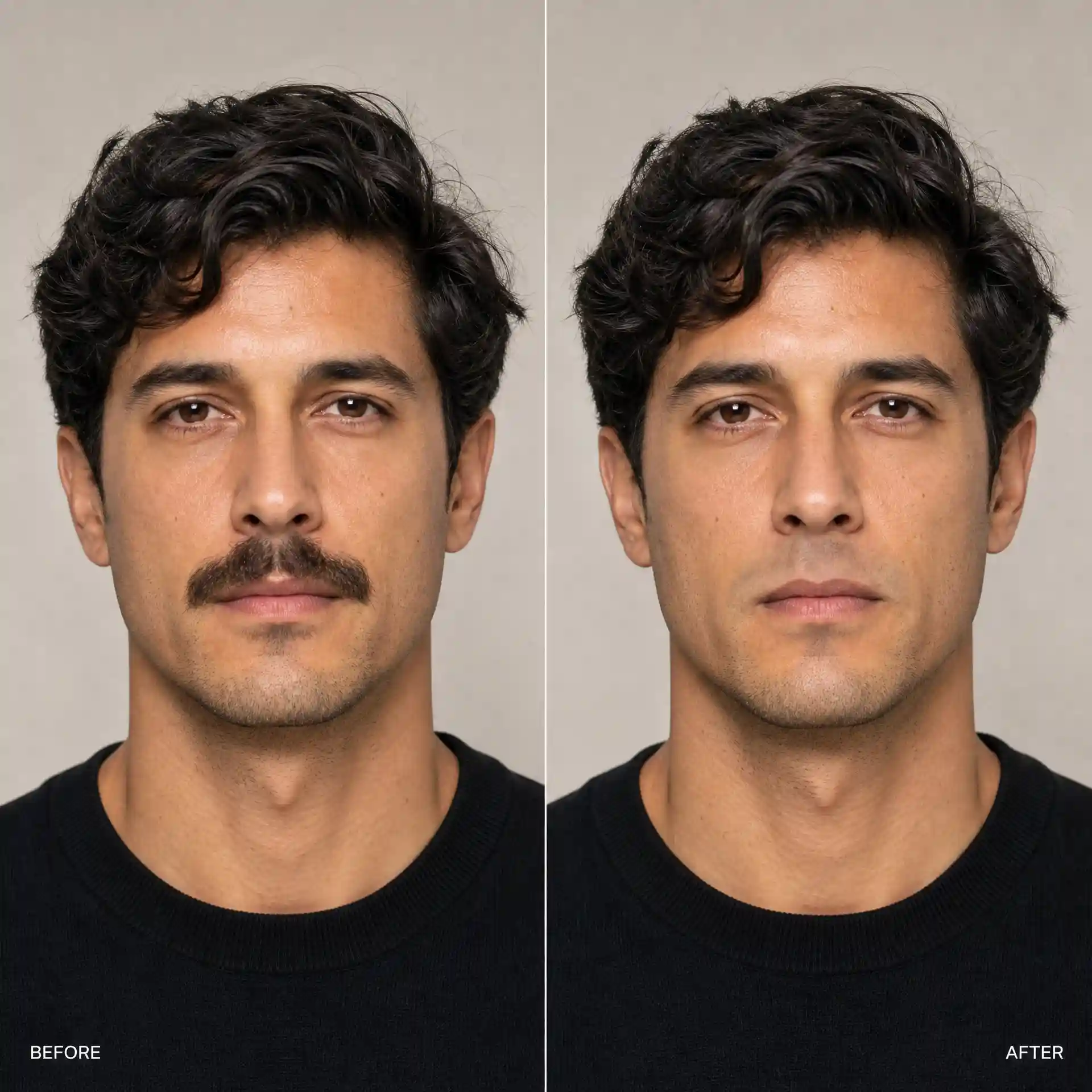 Mustache remover smoothly erasing upper lip hair while preserving natural facial contours and realistic skin texture