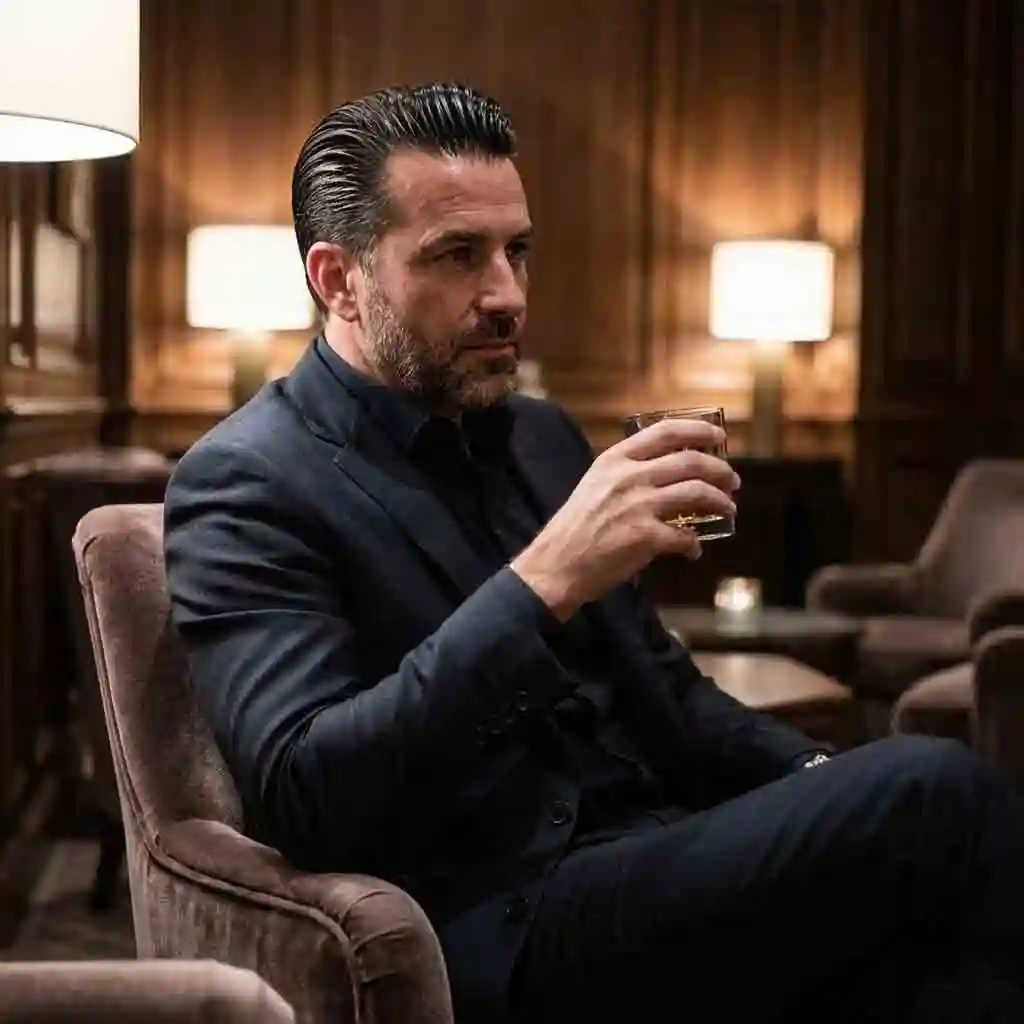 A sophisticated look featuring slicked back hair and a trimmed beard, merging vintage elegance with modern precision to create a timeless best hairstyles with beard.