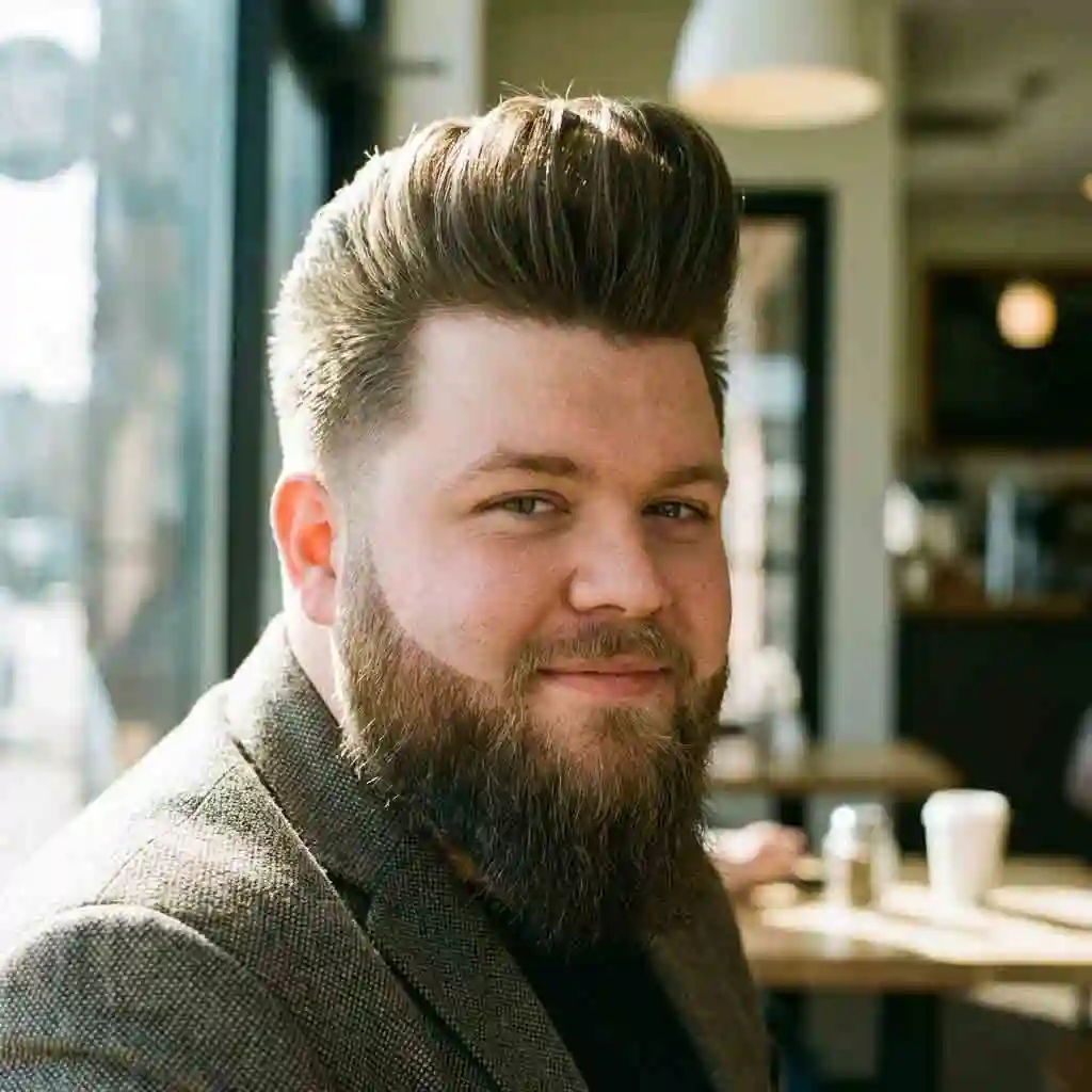 Guide for round face shapes, displaying how adding height with a pompadour and angles with a beard creates the best hairstyles with beard to lengthen the face.