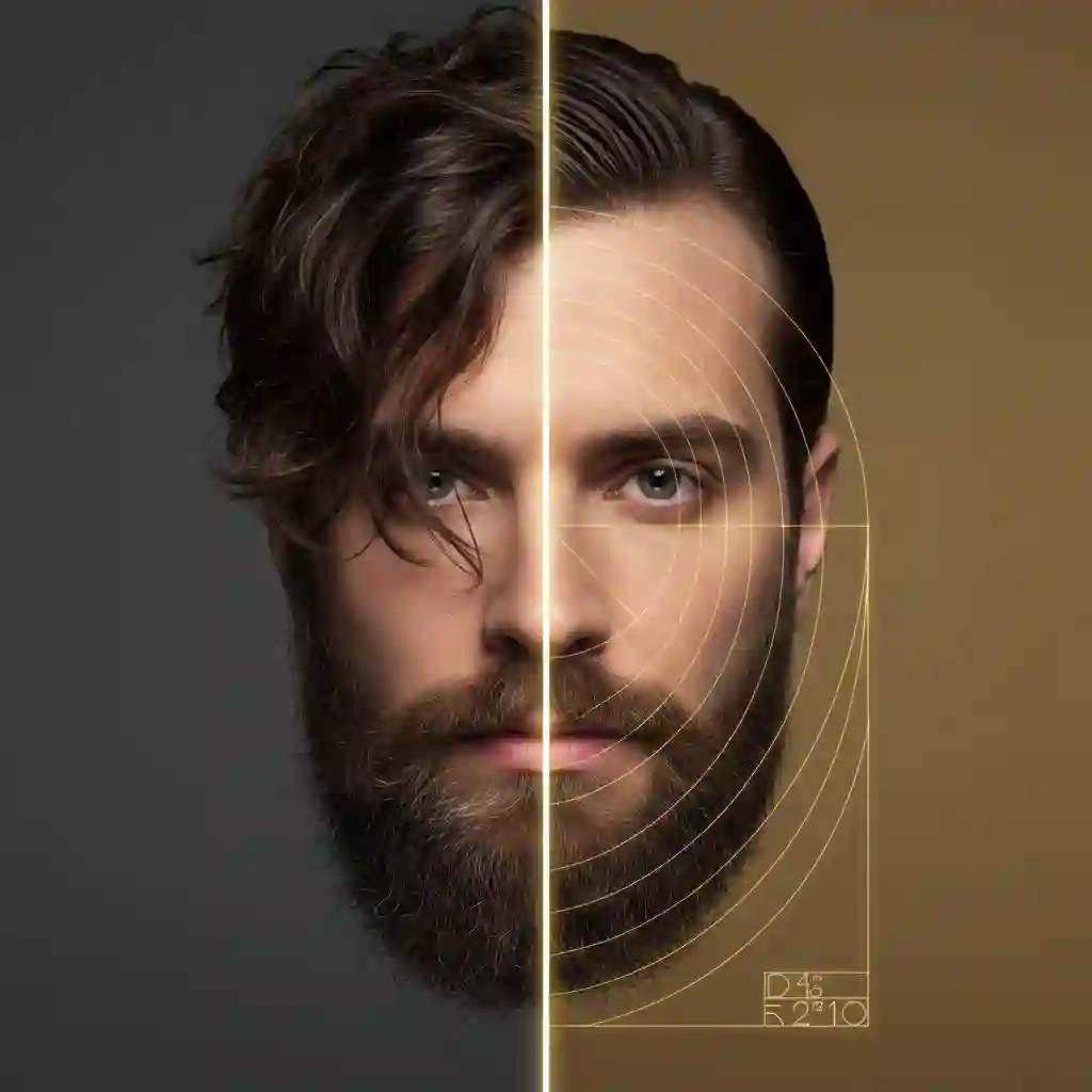 Diagram showing the golden ratio of face shapes and how the best hairstyles with beard can reshape facial structure to create a balanced and harmonious look for every man.