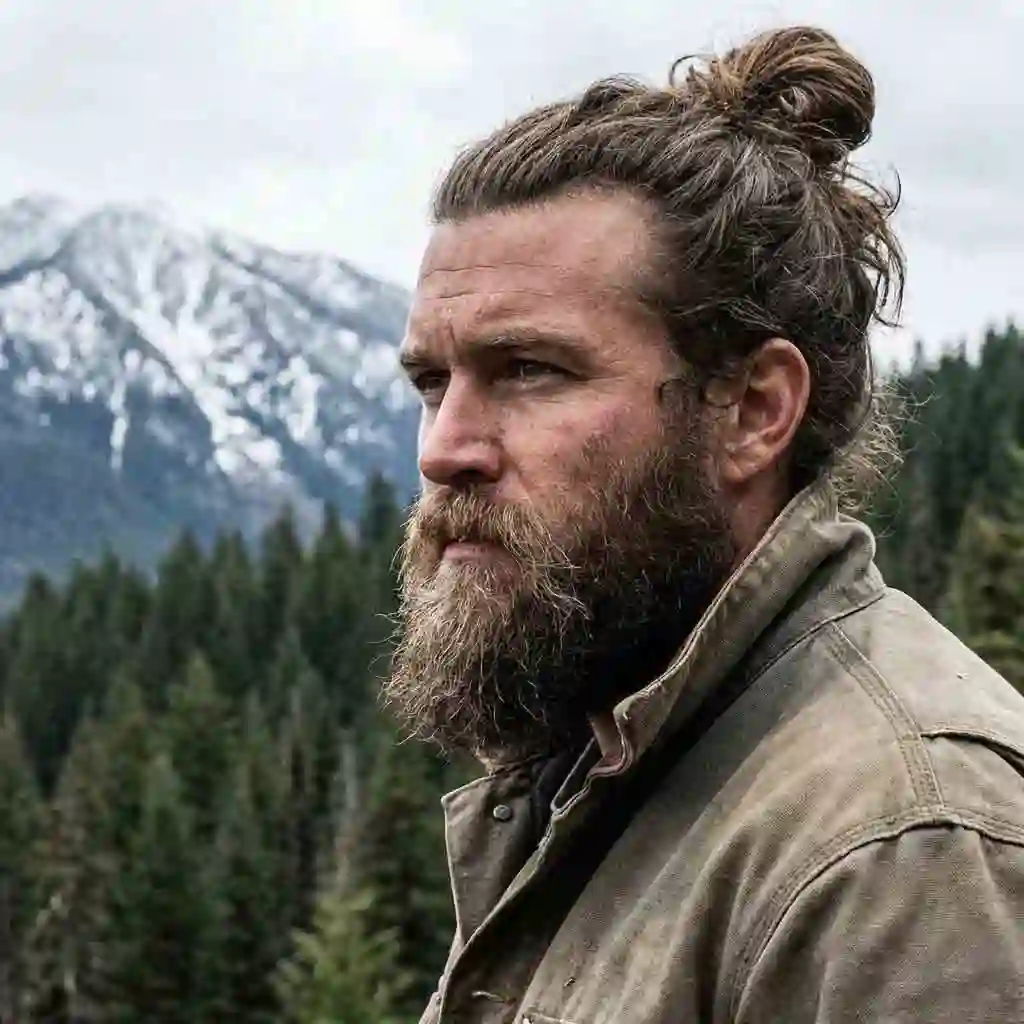 A rugged man with a man bun and a full Viking beard, exemplifying the powerful and adventurous spirit of long hair best hairstyles with beard.