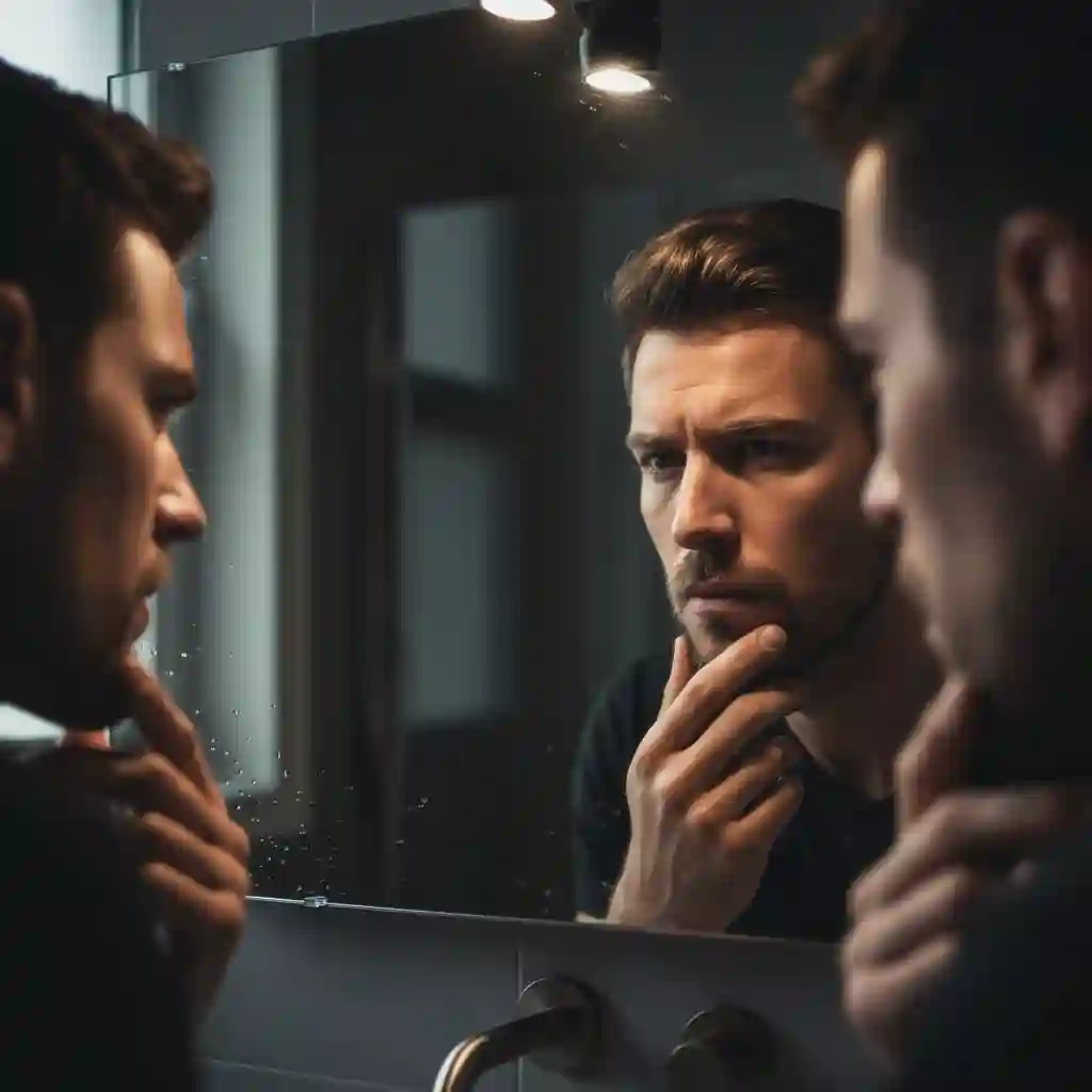 Man examining his face in a mirror while evaluating beard removal laser candidacy, illustrating realistic expectations, treatment planning, and outcomes before committing to a multi-session laser hair reduction.