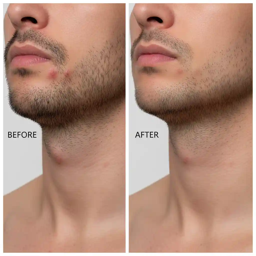 Before-and-after comparison illustrating variability in outcomes from beard removal laser, encouraging critical evaluation of lighting, angles, density, and maintenance touch-ups when assessing real transformation photos and expectations.