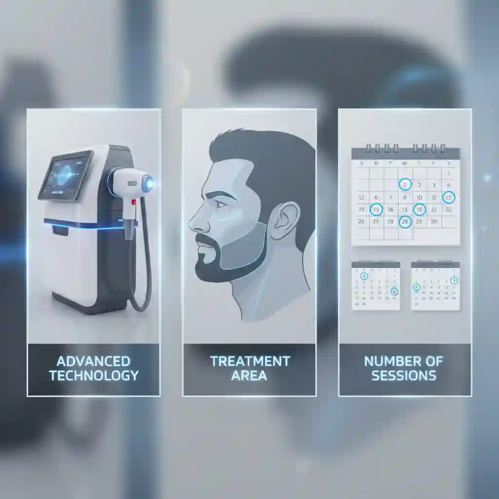 Comparison chart of total costs for beard removal laser versus lifelong shaving, highlighting technology, treatment area, session count, long-term maintenance, and realistic budgeting for permanent hair reduction value over decades.