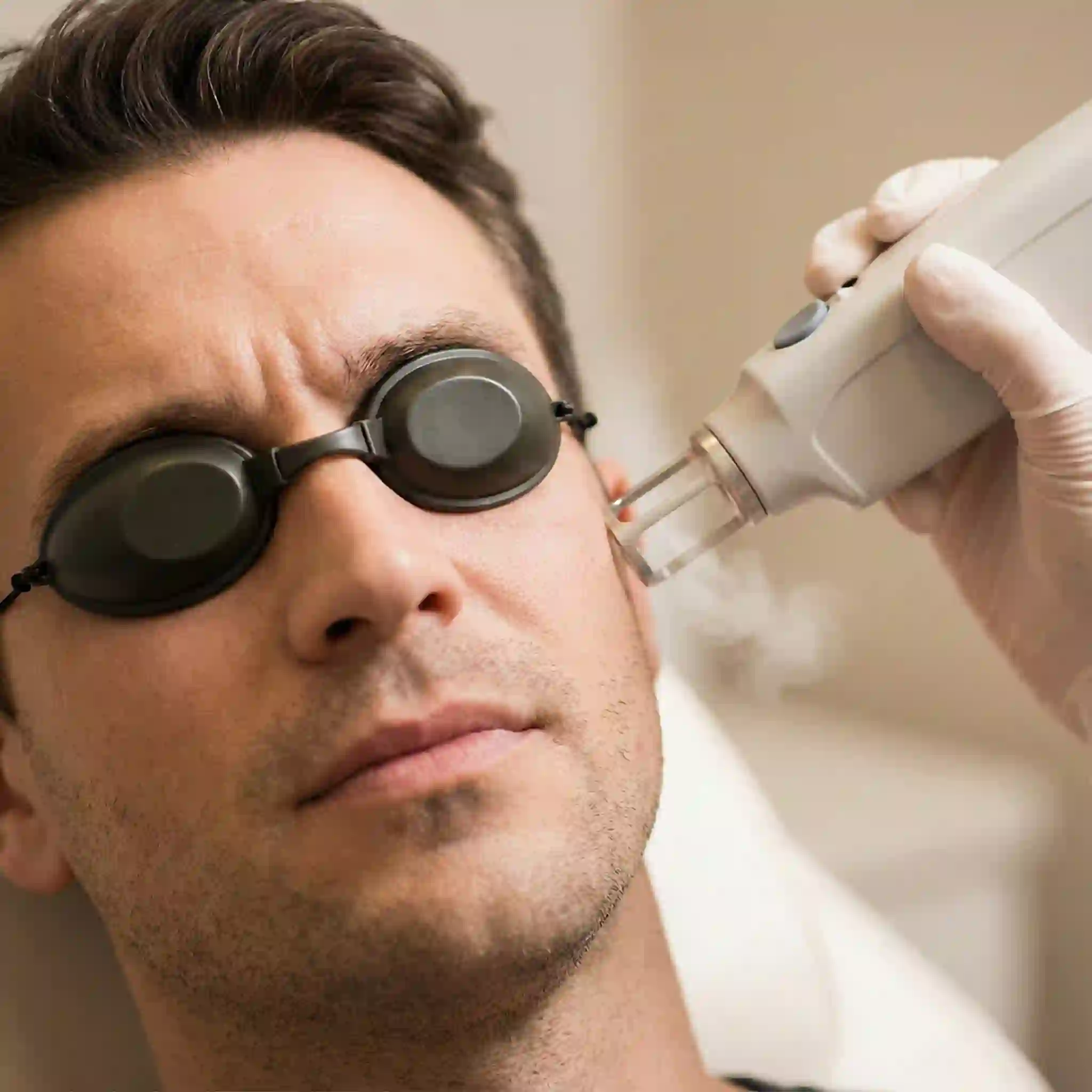 Illustration describing the pain sensation during beard removal laser as comparable to a rubber band snap, with cooling, numbing, and proper settings managing discomfort throughout a professional, multi-session treatment plan.