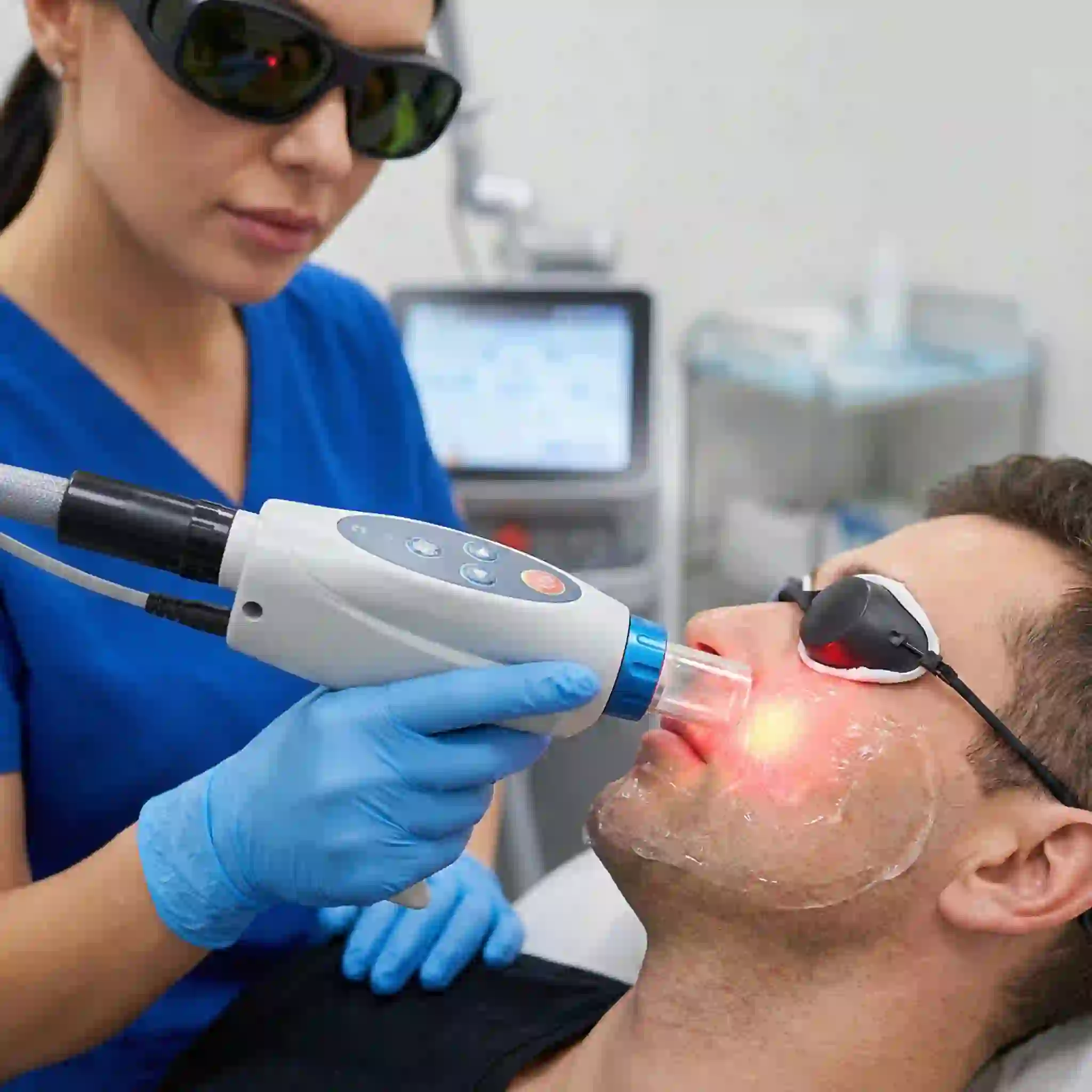 Technician applying beard removal laser device to the face, targeting pigmented follicles in the anagen phase, emphasizing precise energy settings, safety eyewear, and controlled passes for effective permanent hair reduction results.