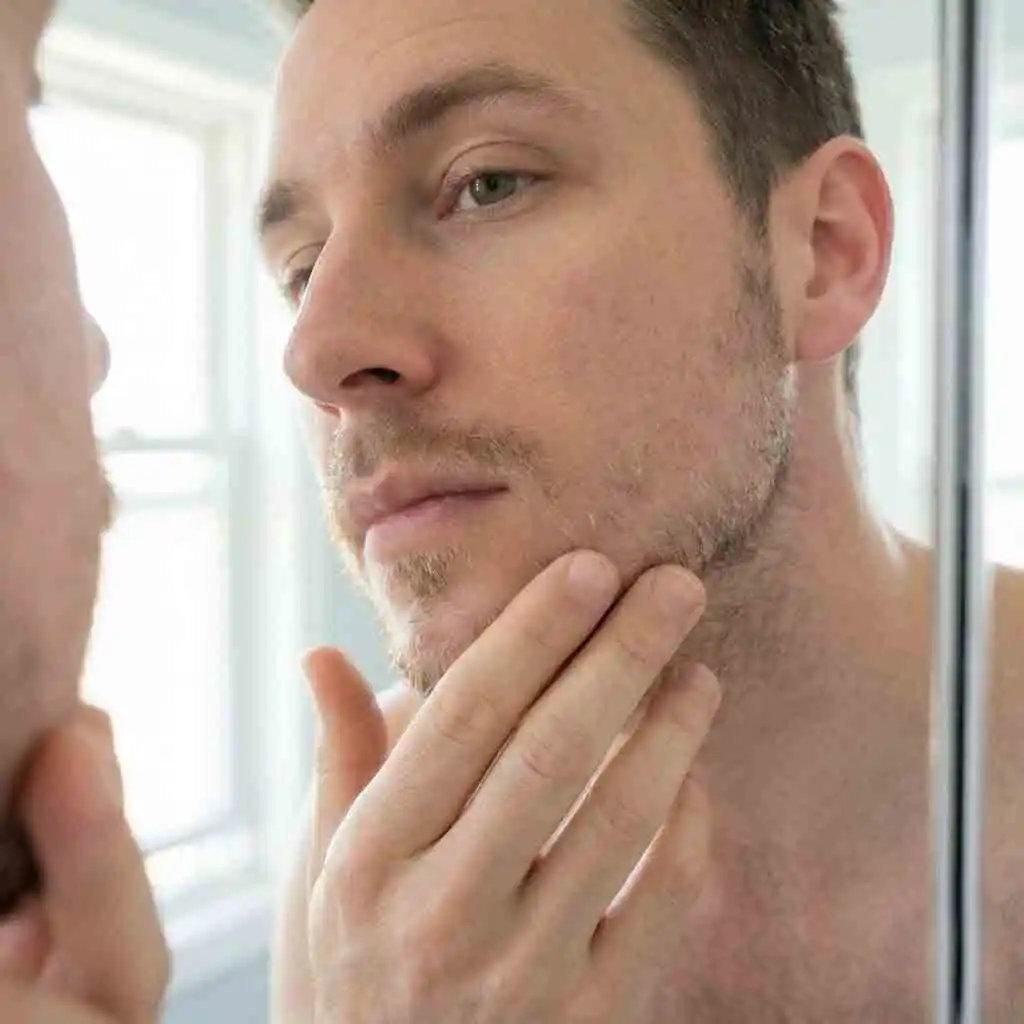 Patchy beard regrowth during mid-course beard laser hair removal, a normal transition as coarse hairs die while remaining follicles respond in later sessions, leading to finer, lighter stubble and extended time between shaves.
