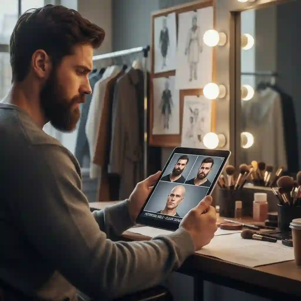 Actor headshots preview various styles after processing with an ai beard remover online free, enabling directors to evaluate clean‑shaven looks, stubble, and mustache variations quickly for casting decisions.