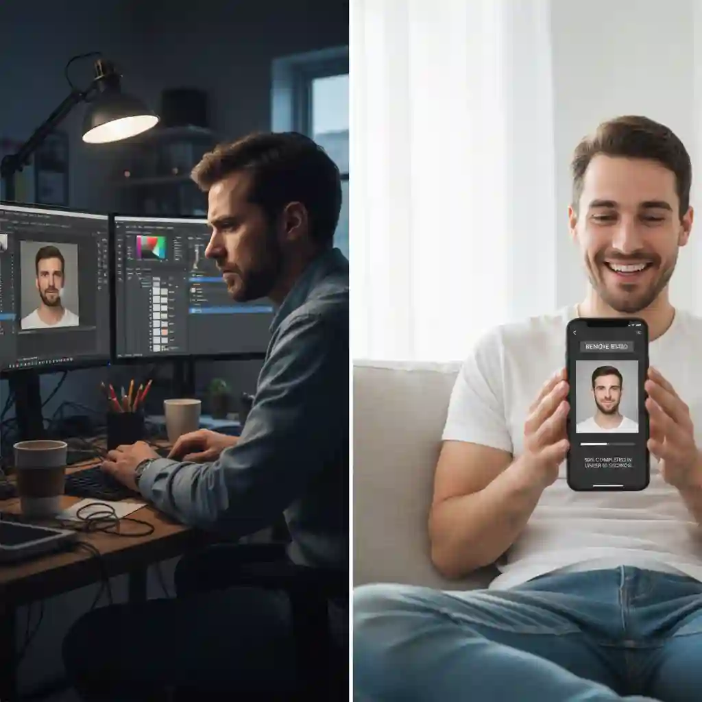 Side‑by‑side comparison shows traditional manual beard removal taking 25 minutes versus an ai beard remover online free completing realistic clean shave results in under sixty seconds, emphasizing speed and efficiency without complexity.