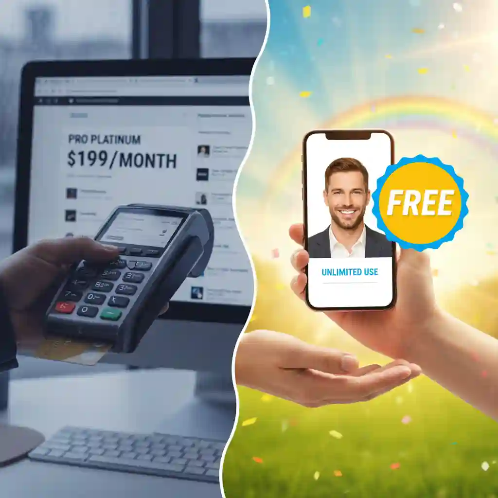 Illustration comparing a free web‑based ai beard remover online free to expensive subscription software, highlighting cost savings, accessibility, and instant natural beard removal results suitable for professional photos.