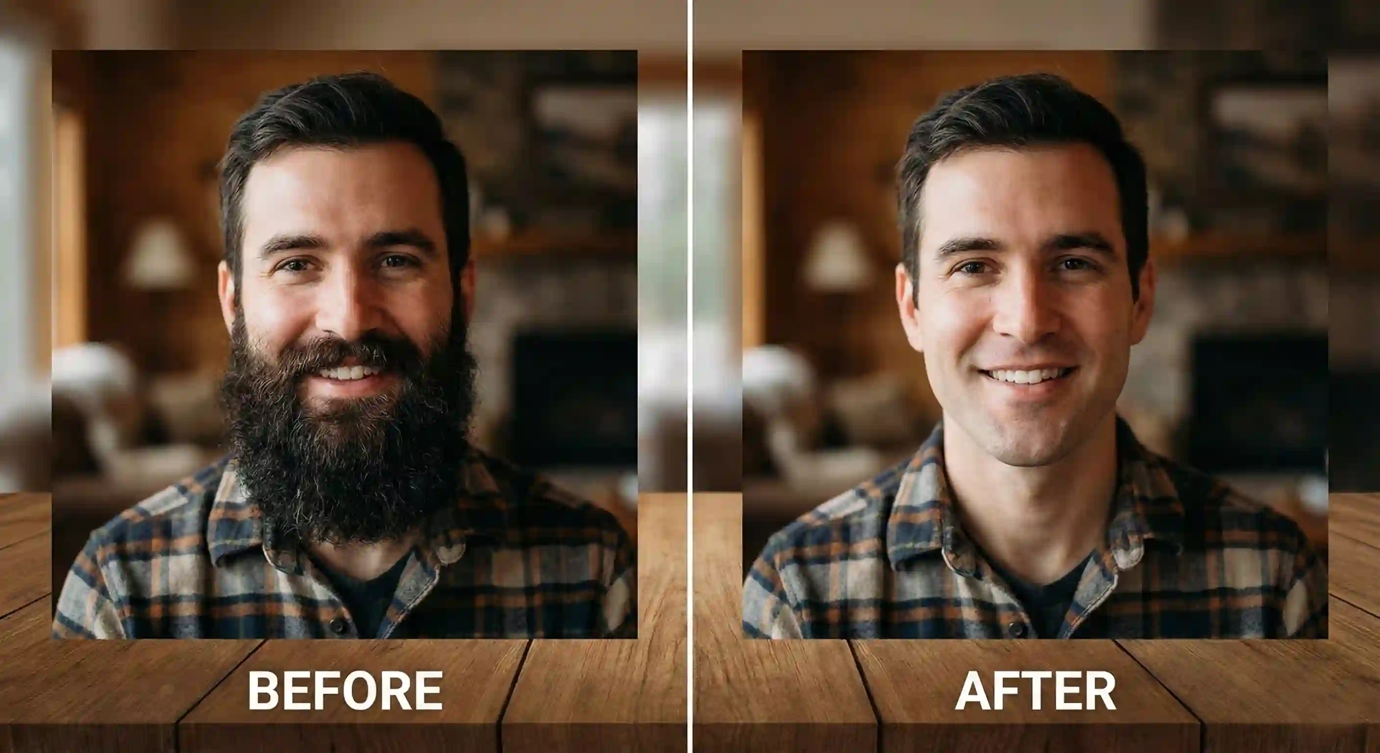 App workflow previewing results of beard removal cream, letting users test beardless edits and mustache styles on photos, understand jawline reconstruction, and decide confidently before applying cream in real life.
