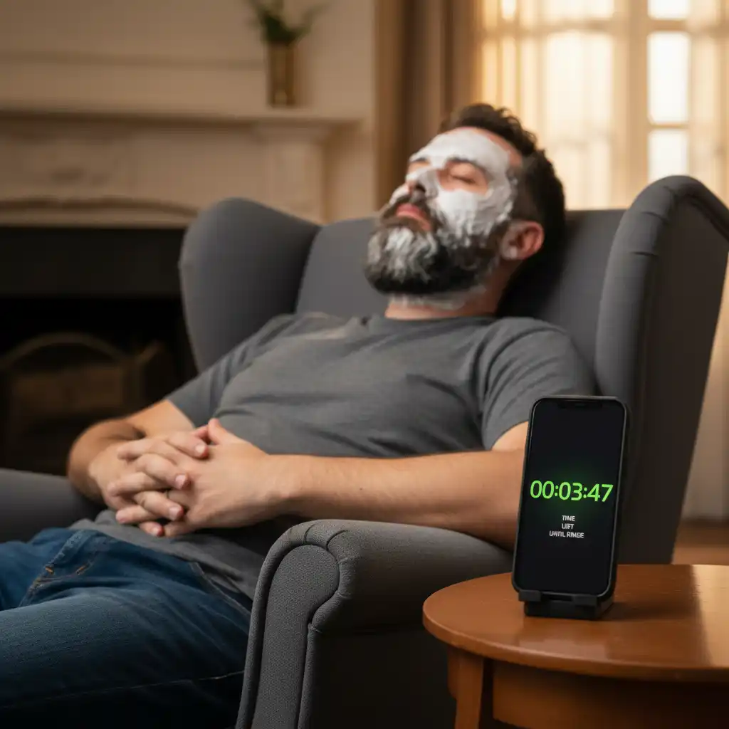 Application technique for beard removal cream shown with thick, even coverage avoiding rubbing, ensuring complete hair encasement for coarse beards, and preventing irritation from forcing chemicals into pores during treatment.