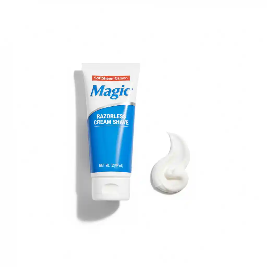 Product shot of Magic Razorless Cream used as a budget-friendly beard removal cream option, effective on coarse facial hair while requiring careful timing and moisturizing aftercare to minimize dryness and sensitivity.