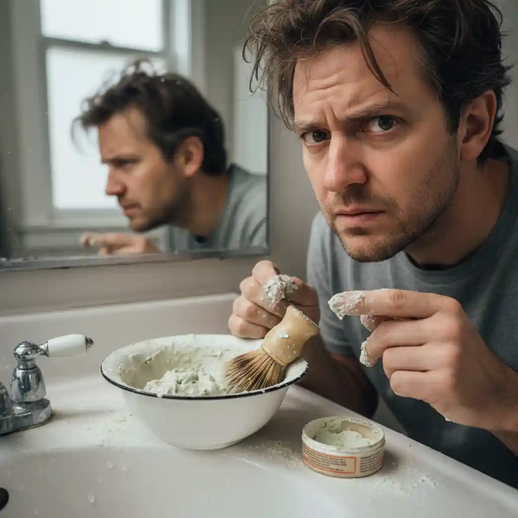 Illustration of traditional shaving powder contrasted with modern beard removal cream, noting messy mixing, lingering sulfur odor, and inferior user experience compared to ready-to-use creams designed for men’s facial hair.
