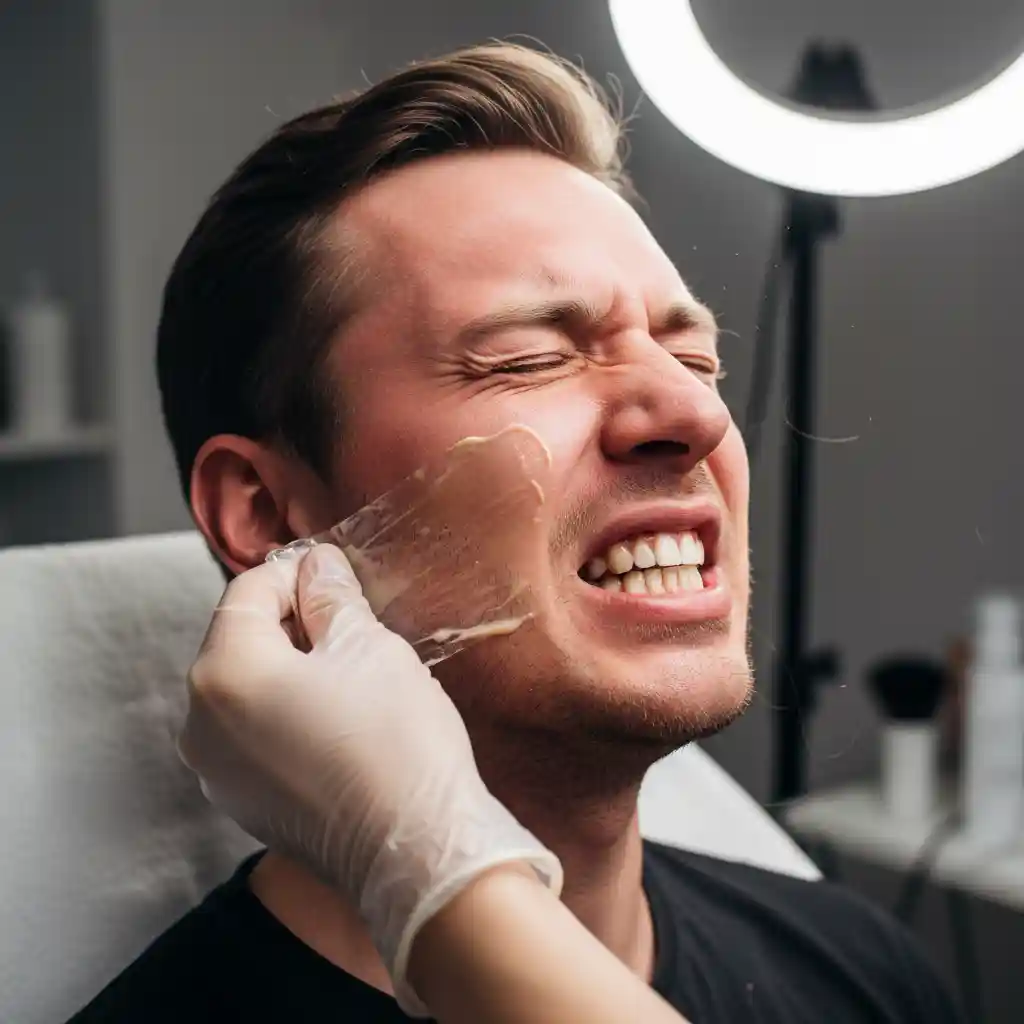 Waxing method contrasted with beard removal cream for facial hair, showing aggressive pulling, pain, and potential folliculitis risks, while cream gently dissolves hair without damaging delicate skin on the face.