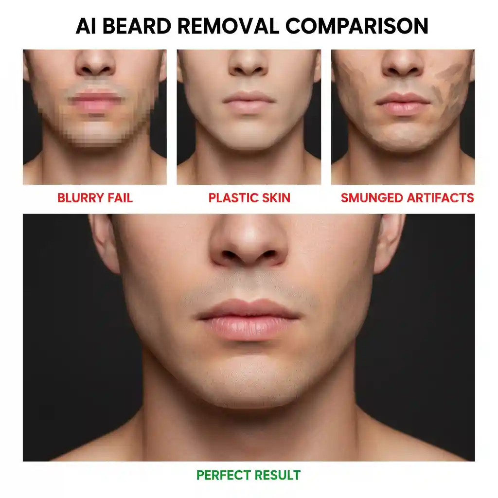 Side-by-side comparison of leading solutions, highlighting how an app that removes beard achieves more natural results than manual edits, filters, or generic effects, producing consistent skin tone, jawline symmetry, and believable clean-shaven outcomes.