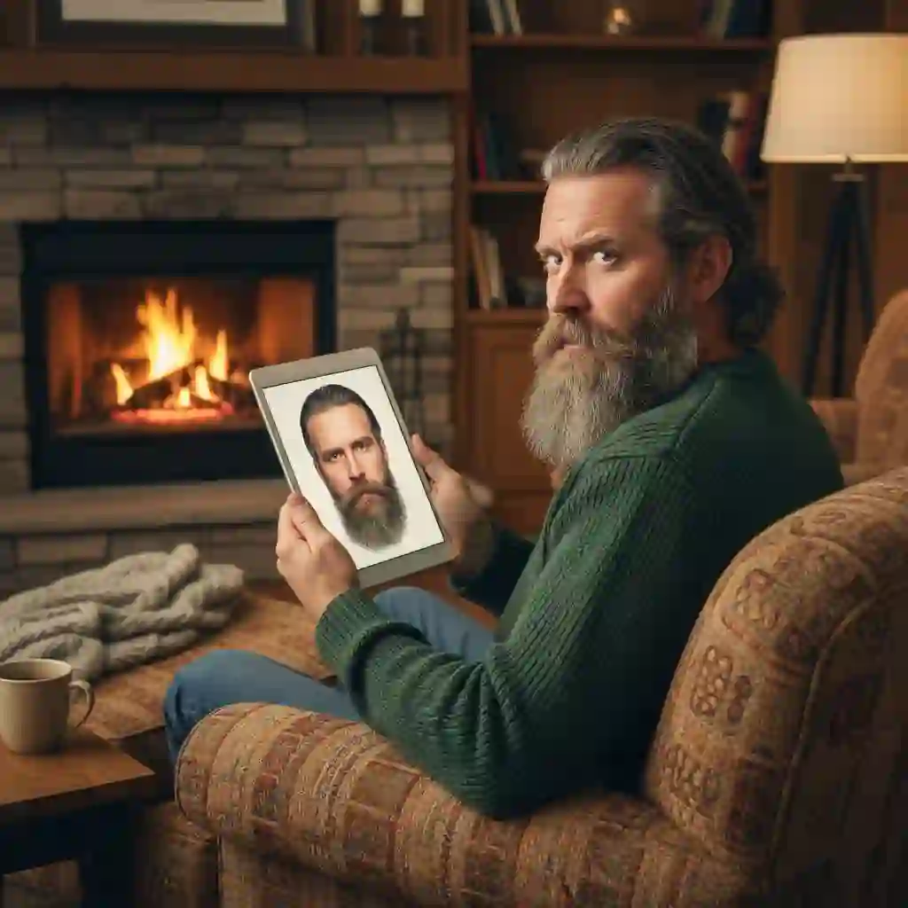 User Mark previews his appearance using an app that removes beard, evaluating a natural clean-shaven version of himself before shaving, with AI reconstructing skin texture, lighting, and jawline for credible results.