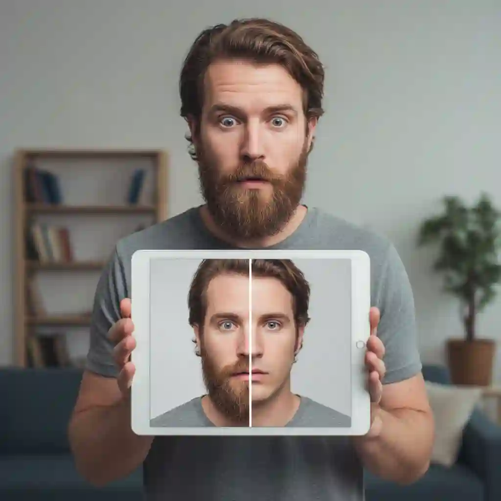 Display of AI-powered beard remover tools that allow men to virtually preview their look without facial hair before committing to the permanent change and cost of a professional laser hair removal beard treatment.
