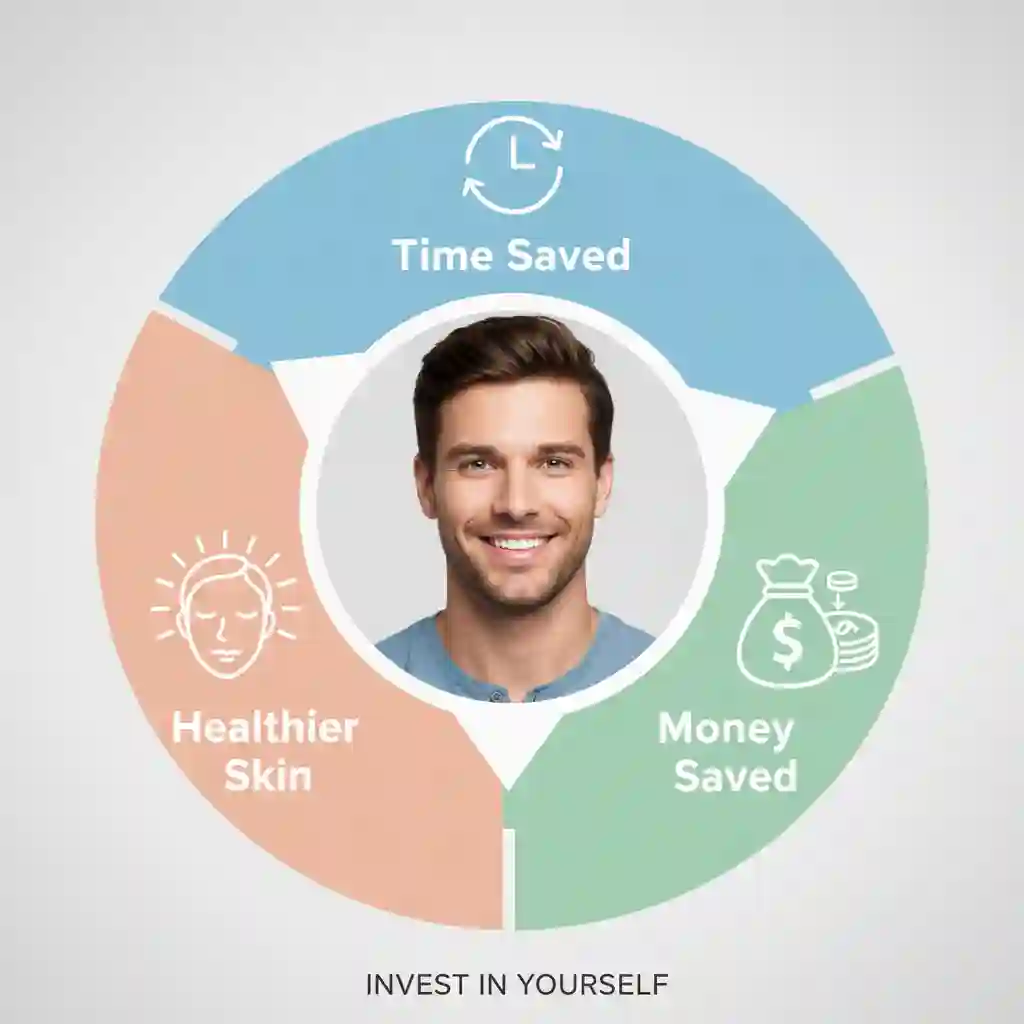 Visual summary highlighting the key benefits of laser hair removal beard, including long-term cost savings, significant time reclaimed from shaving, and improved skin health by eliminating razor burn and ingrown hairs forever.