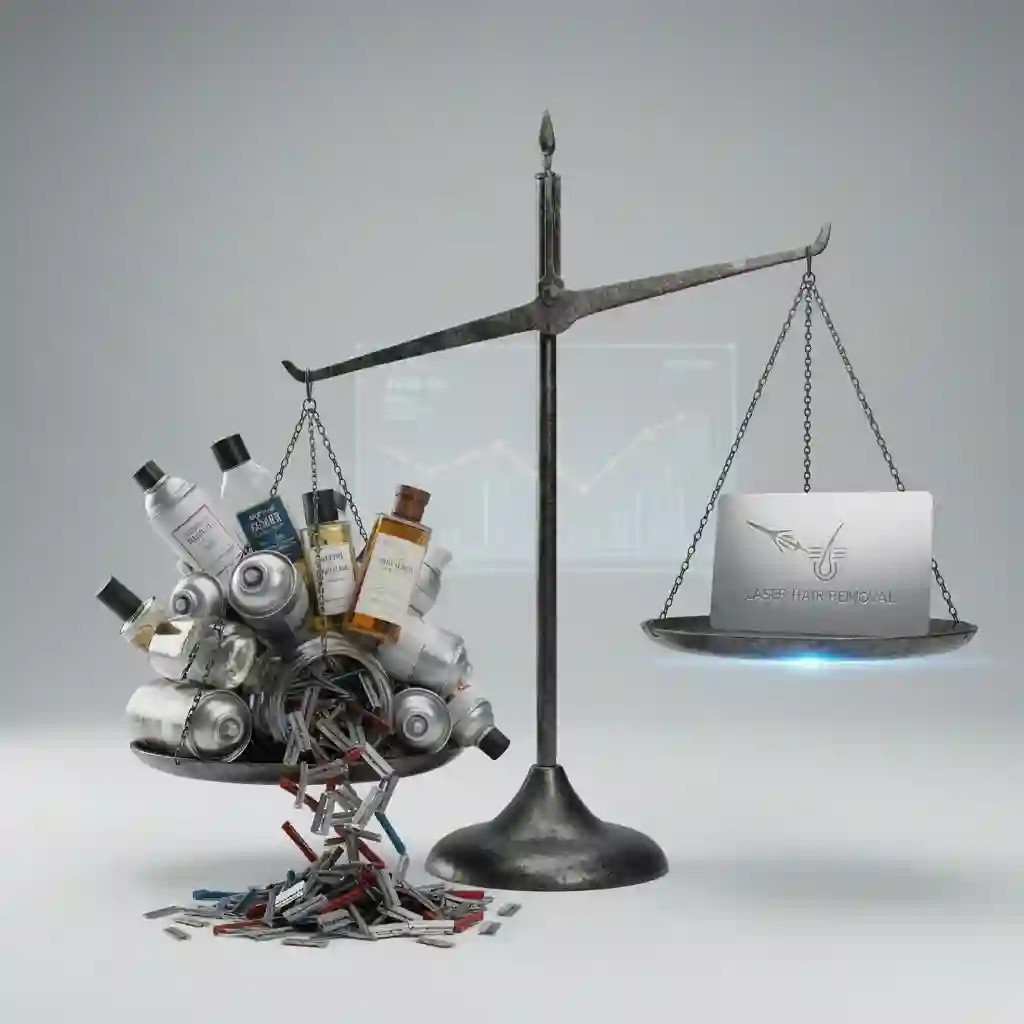 Ten-year financial comparison chart showing how the one-time investment in laser hair removal beard treatment is significantly cheaper than the cumulative cost of razors, shaving creams, and aftershave products over a decade.