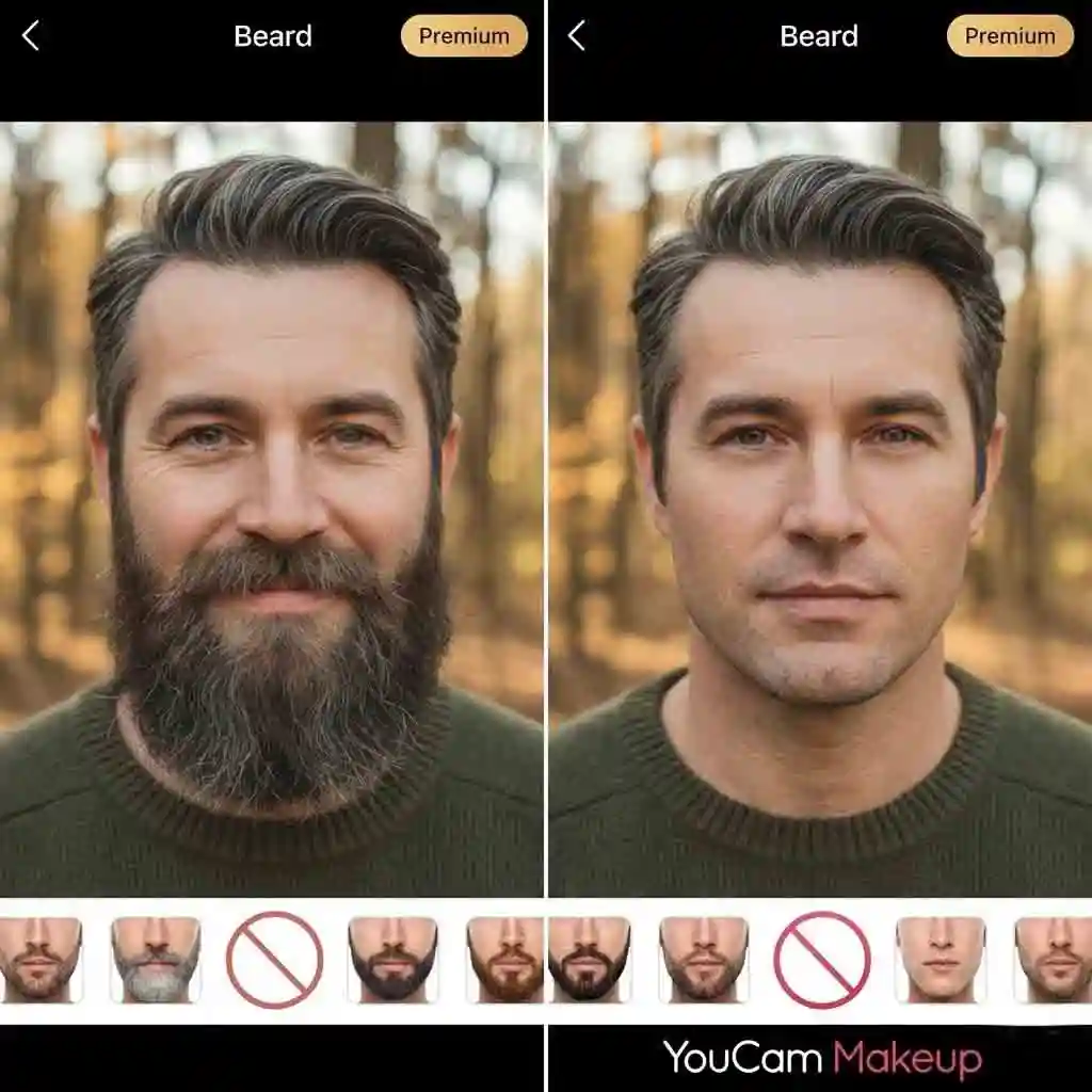 Natural-looking results generated by an app that removes facial hair, demonstrating YouCam Makeup’s strengths in realistic skin reconstruction, refined jawline contours, and minimal artifacts suitable for polished headshots and high-quality social media images.