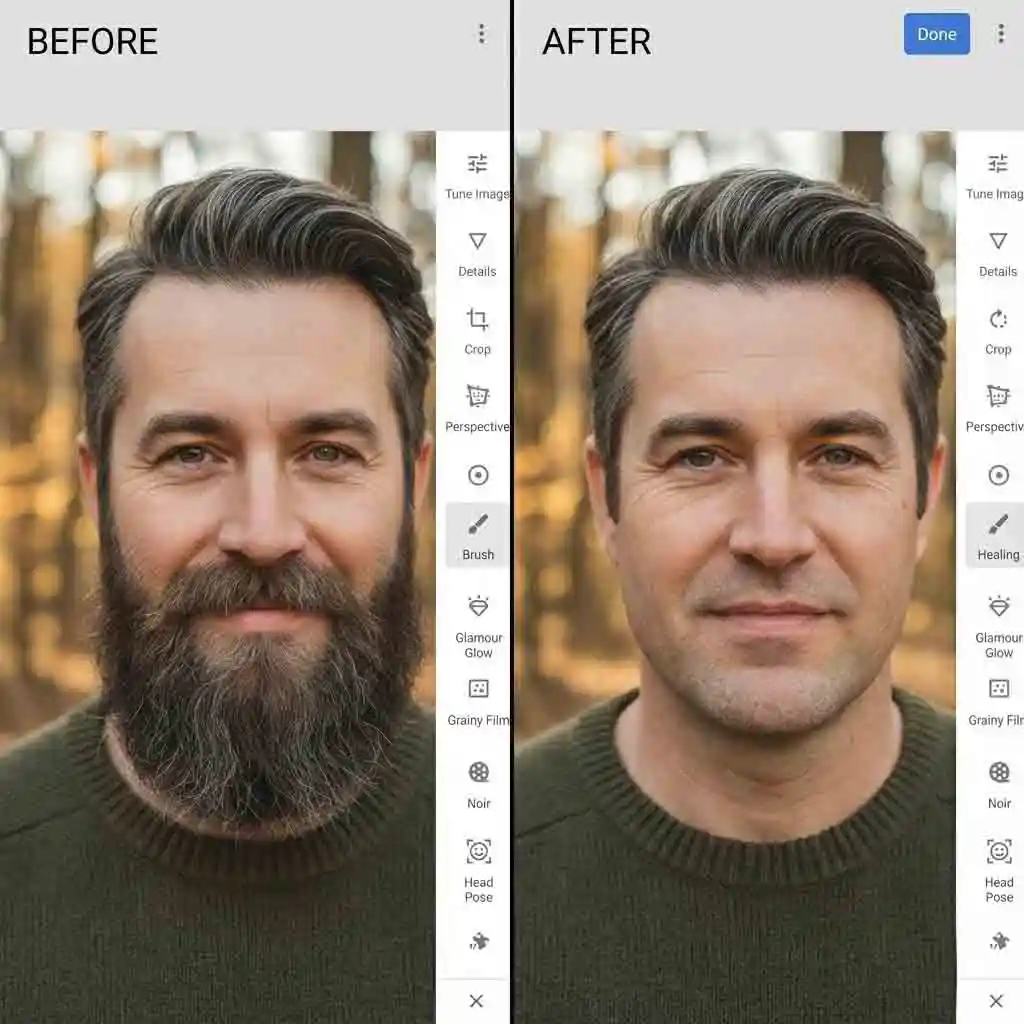 Clean and natural outcome produced using an app that removes facial hair with Snapseed, demonstrating careful masking, subtle retouching, and believable skin tones suitable for budget-conscious creators and meticulous professional photo finishing.