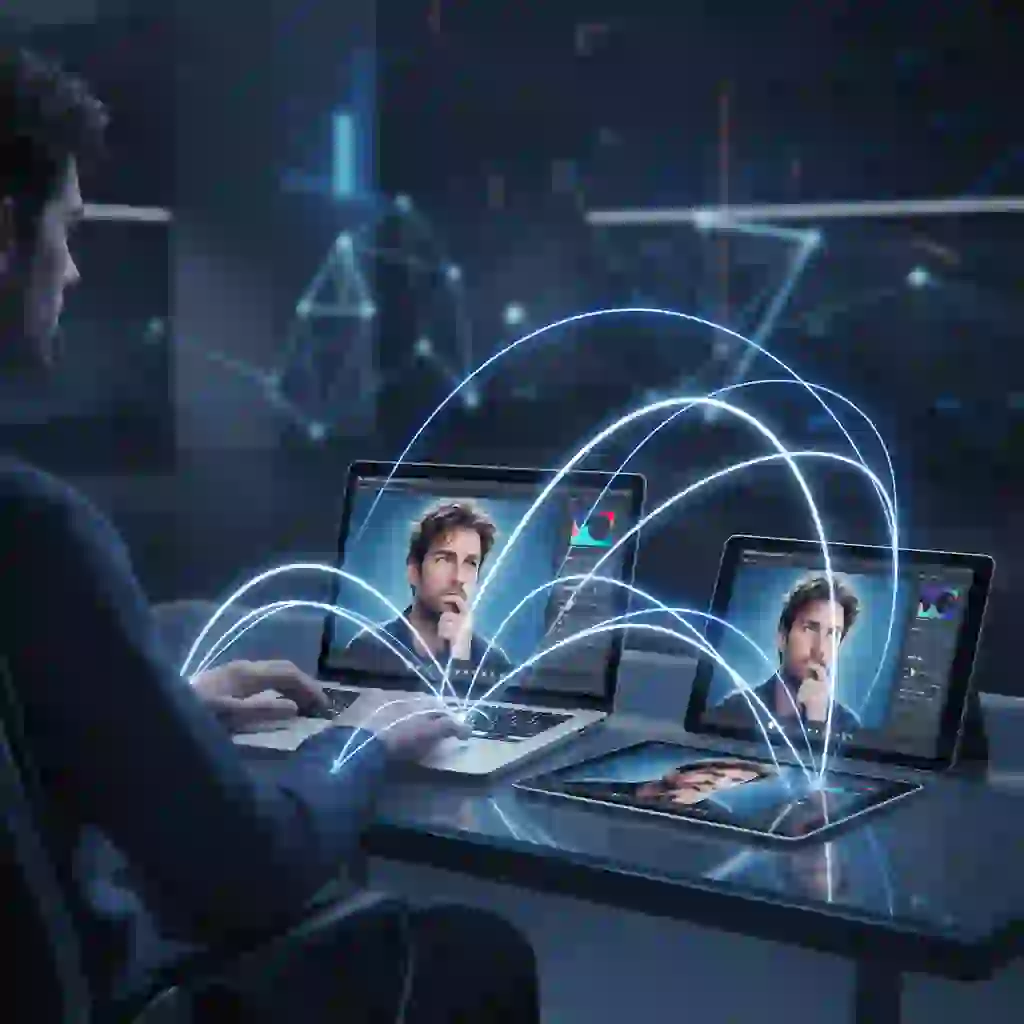 Collage showing Fotor used on phone and laptop as an app that removes facial hair, emphasizing portability, synchronized workflows, and practical convenience for users switching devices during detailed photo retouching sessions.