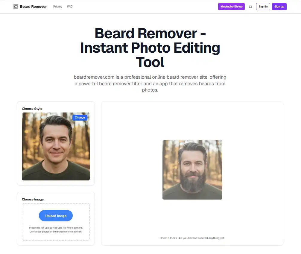 Beard Remover interface demonstrating one-tap results from an app that removes facial hair, emphasizing simplicity, minimal controls, and instant clean-shave filters that deliver practical, natural-looking outcomes for urgent professional photo needs.