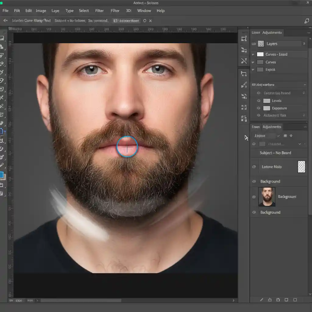Step‑by‑step Photoshop tutorial showcasing techniques that simulate a Beard Remover Filter: sampling clean areas, repairing edges, and color‑matching for convincing clean‑shaven portraits.