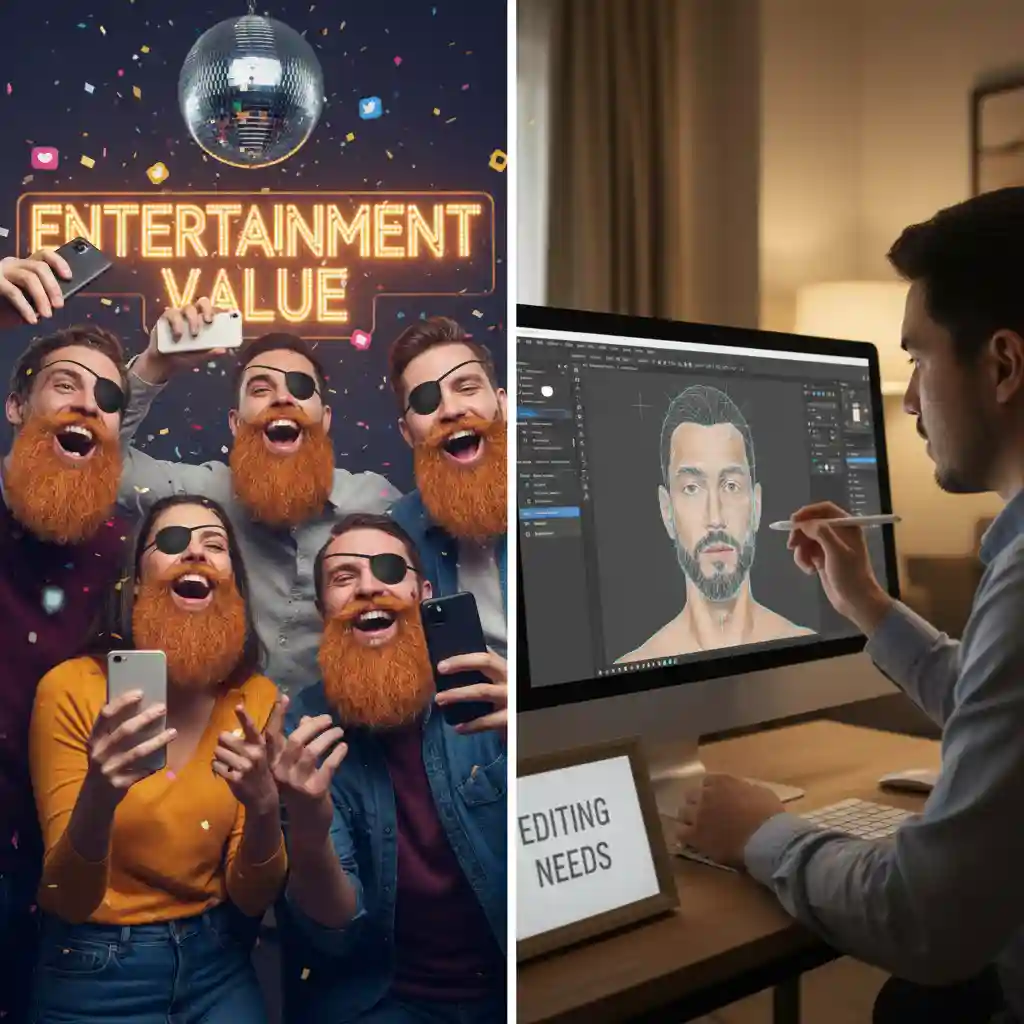 Graphic contrasting entertainment‑driven social filters with practical photo editing needs, explaining why platforms underinvest in the Beard Remover Filter compared to fun beard‑adding effects that drive viral engagement.