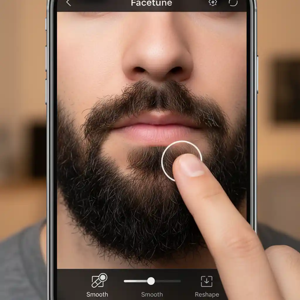Facetune workflow showing manual patching and smoothing techniques, contrasting slow hand edits with automated AI approaches and why a robust Beard Remover Filter is preferred for consistent, natural outcomes.