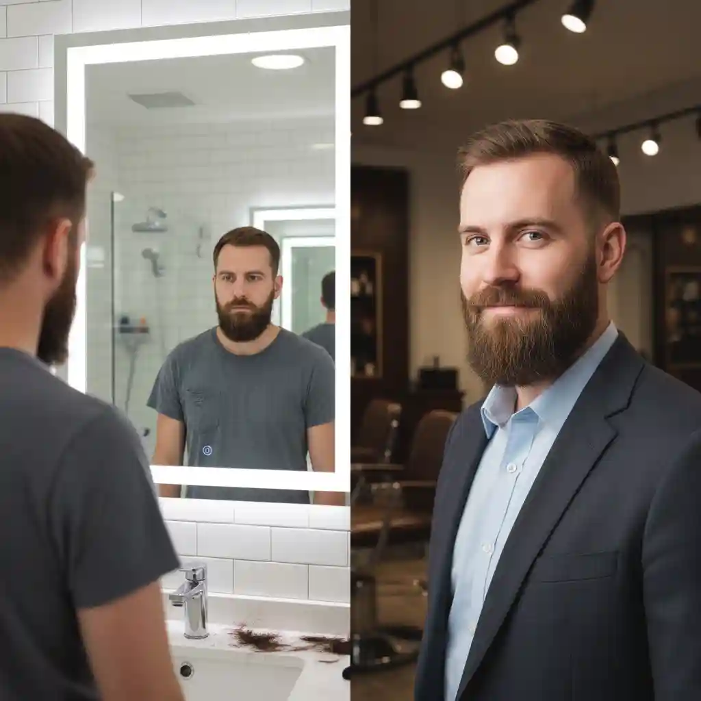 A man looking in the mirror feeling frustrated with his DIY grooming attempt, highlighting the common struggles of achieving a perfect beard fade at home without professional guidance.