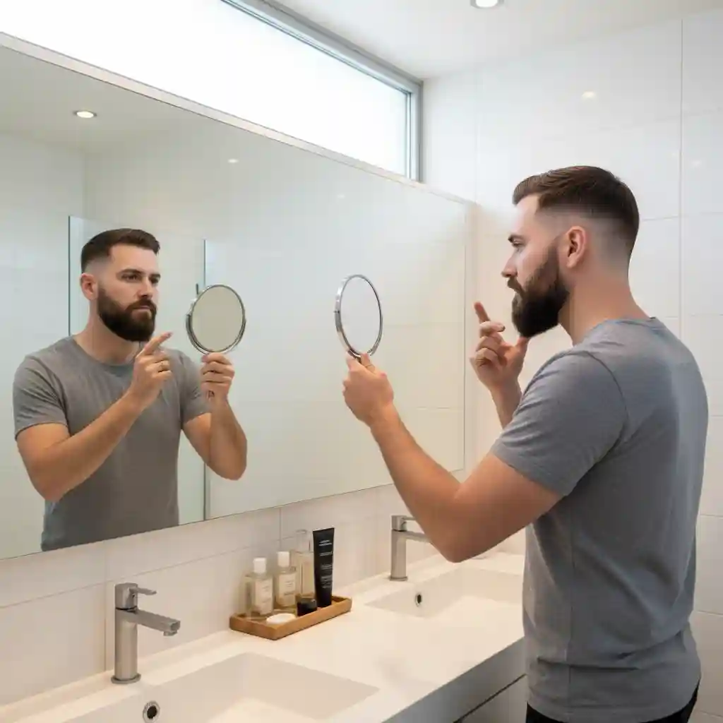 A well-lit bathroom grooming station equipped with essentials, ensuring distinct visibility for every hair to execute a precise and symmetrical beard fade during your home routine.