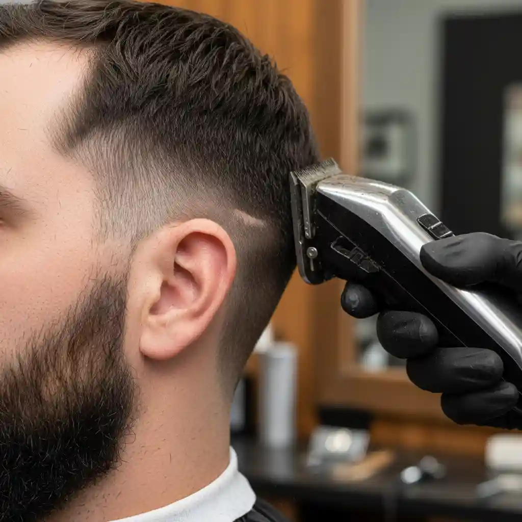 Close-up demonstration of how to blend different clipper guard lengths upwards to create a seamless gradient transition for a professional-looking beard fade effect.