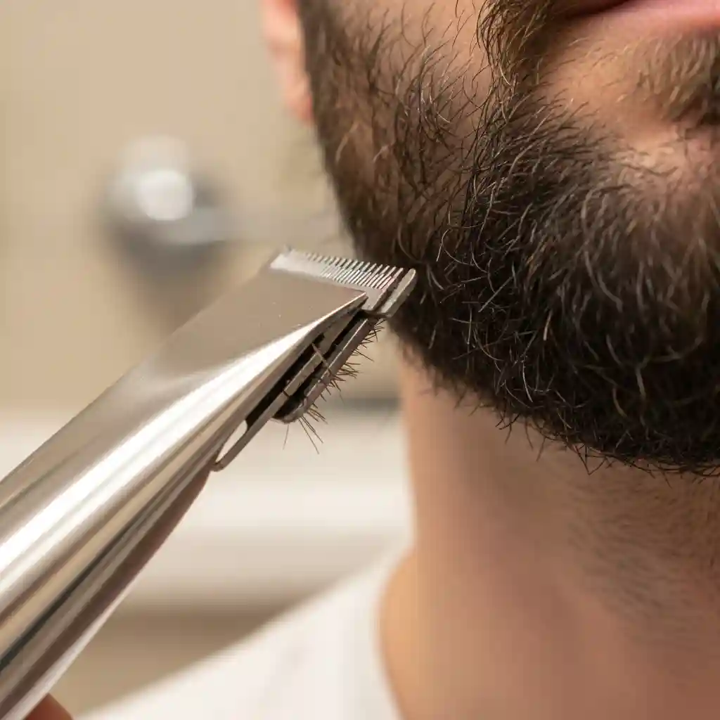 Using a precision T-trimmer to define sharp cheek and neck lines, which is a crucial step to fine-tune the final look of your beard fade.
