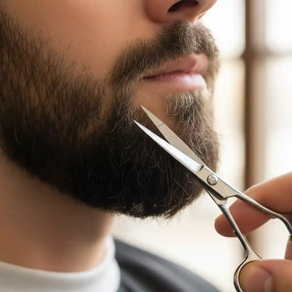 A man carefully trimming stray hairs with scissors to maintain the sharp appearance and longevity of his beard fade between full grooming sessions.