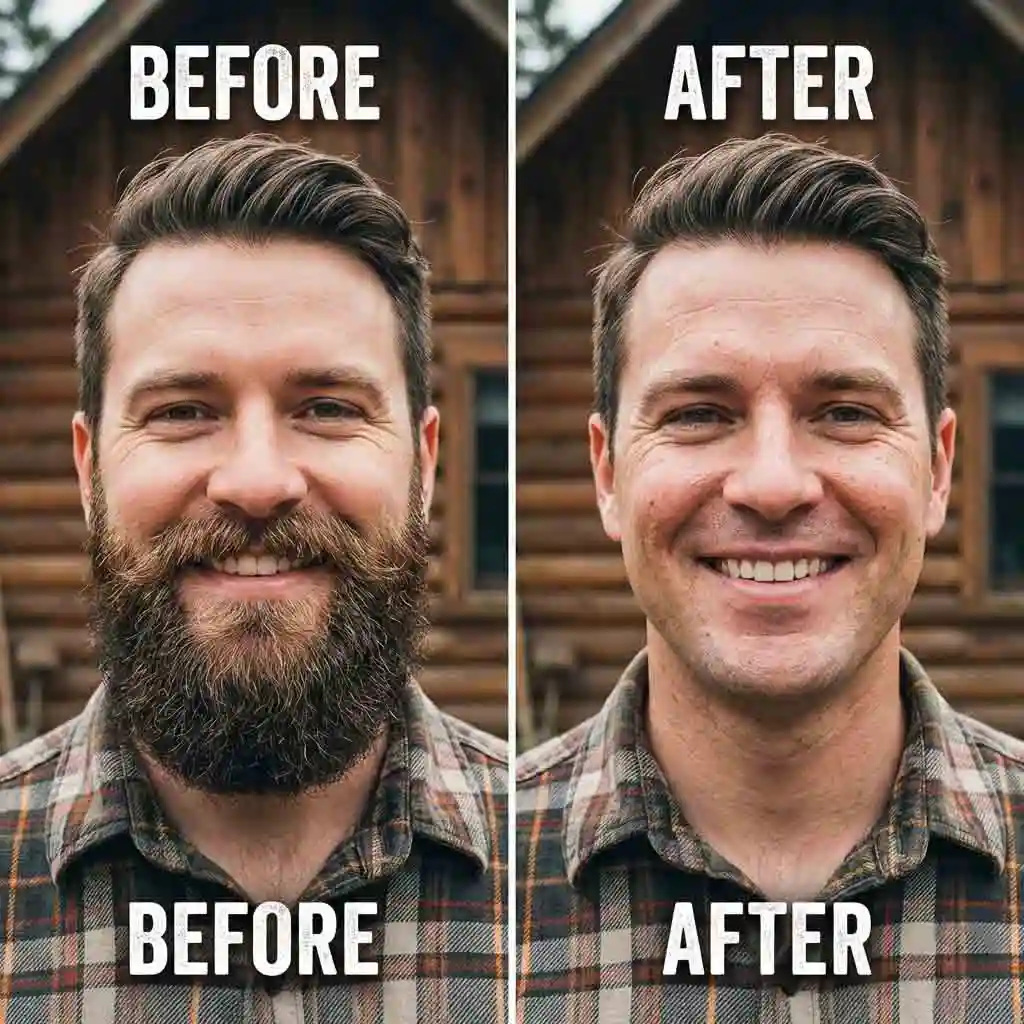 Demonstration of an AI tool transforming a bearded photo into a clean-shaven look, allowing users to preview style changes before committing to a new beard fade or shave.