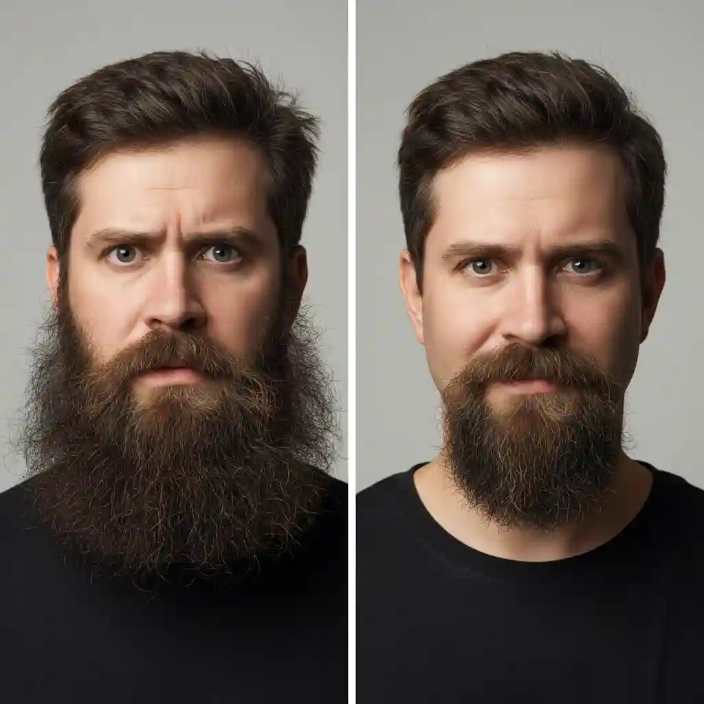 A man looking confused in the mirror because his current style does not match the ideal beard for your face shape standards causing a mismatch in facial proportions.