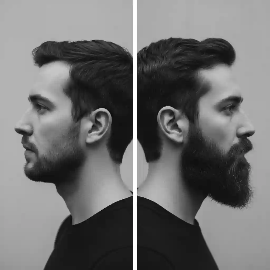 Before and after comparison of a man successfully using a strategic beard for your face shape to conceal a weak chin and create a stronger more masculine jawline appearance.