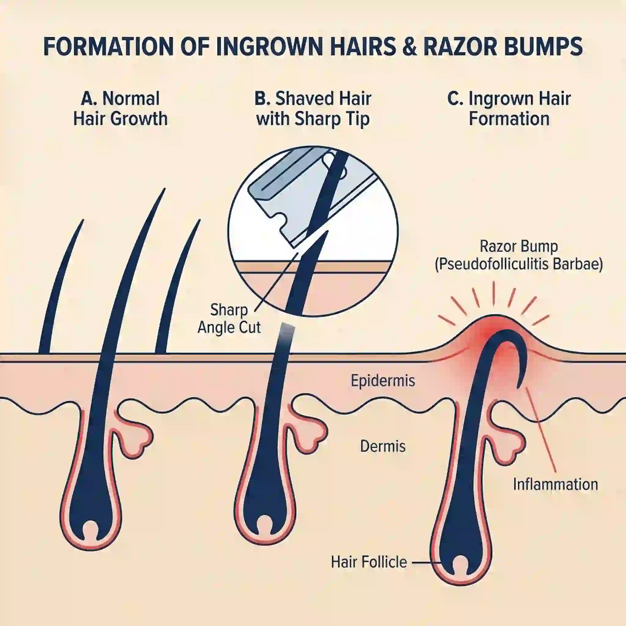 Diagram illustrating the formation of razor bumps caused by sharp hair tips curling back, explaining why many men switch to a beard removal cream to avoid painful inflammation and achieve a smoother, irritation-free complexion.