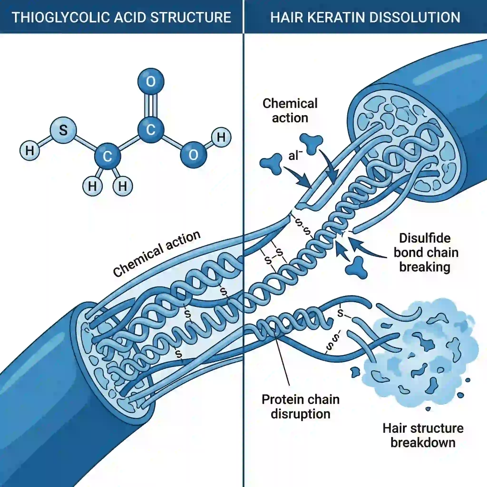 Scientific illustration of how the active ingredients in beard removal cream, such as thioglycolates, chemically break down the keratin protein structure of facial hair, allowing it to be easily wiped away without the need for sharp blades.