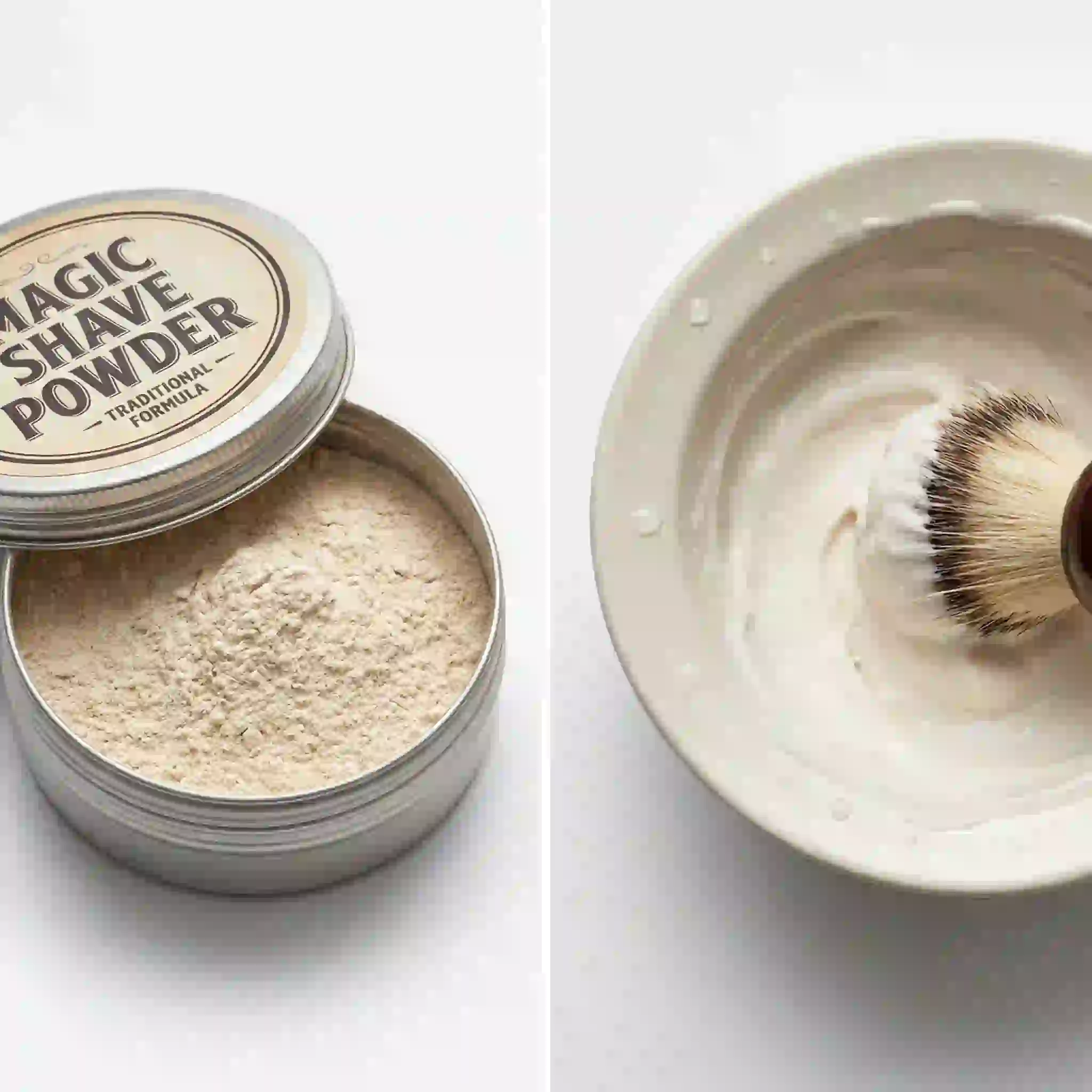 Product shot of a classic shaving powder tin next to a modern pre-mixed beard removal cream tube, comparing the traditional powder format that requires mixing with water against the convenient, ready-to-use cream options available today.