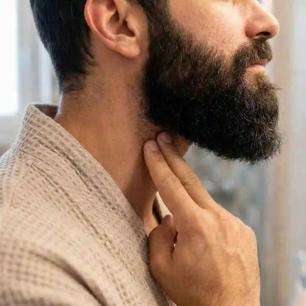 Demonstration of the two-finger rule above the Adam's apple to define the perfect neckline height before applying a beard shaper guide for a clean and professional trim.