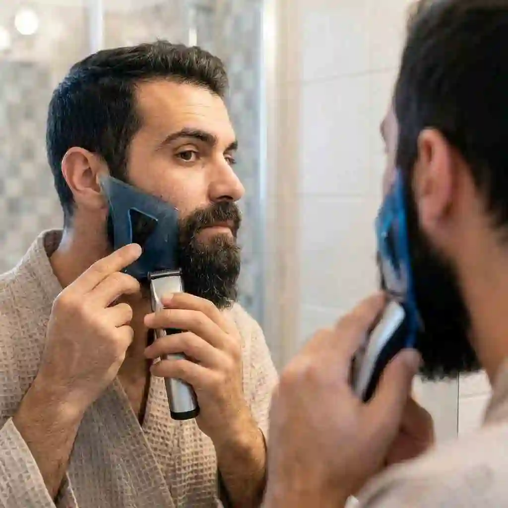Man using a transparent beard shaper tool against his cheek to define a crisp and symmetrical cheek line, connecting the sideburn to the mustache with precision.