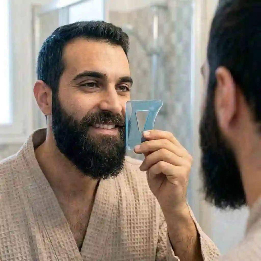 Man performing a final symmetry check in the mirror by holding the beard shaper tool against both sides of his face to ensure perfectly matching beard lines.