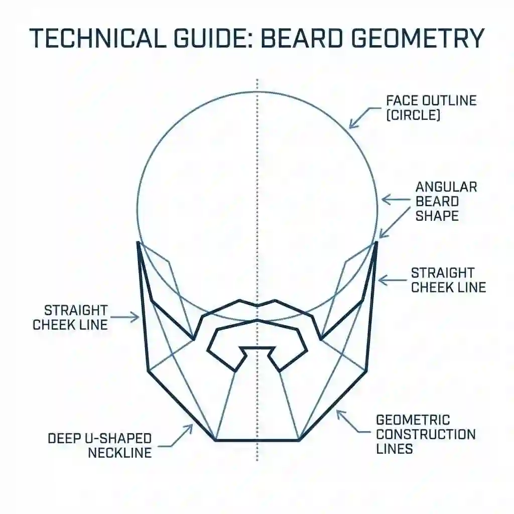 Illustration of the best beard style for a round face shape using a beard shaper to create angular cheek lines and a defined neckline for a slimmer look.