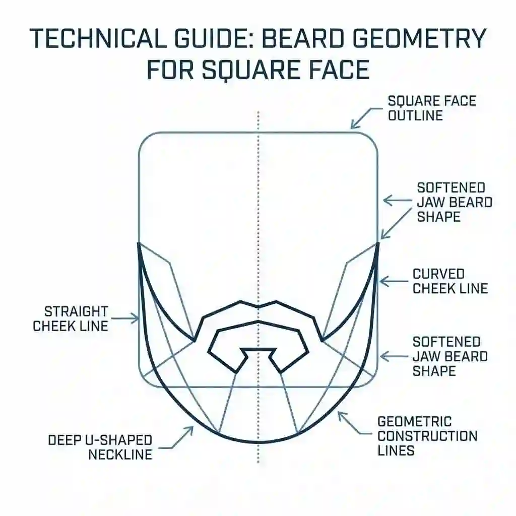 Illustration of the ideal beard style for a square face shape using a beard shaper to create gently curved cheek lines that soften the jaw while maintaining structure.