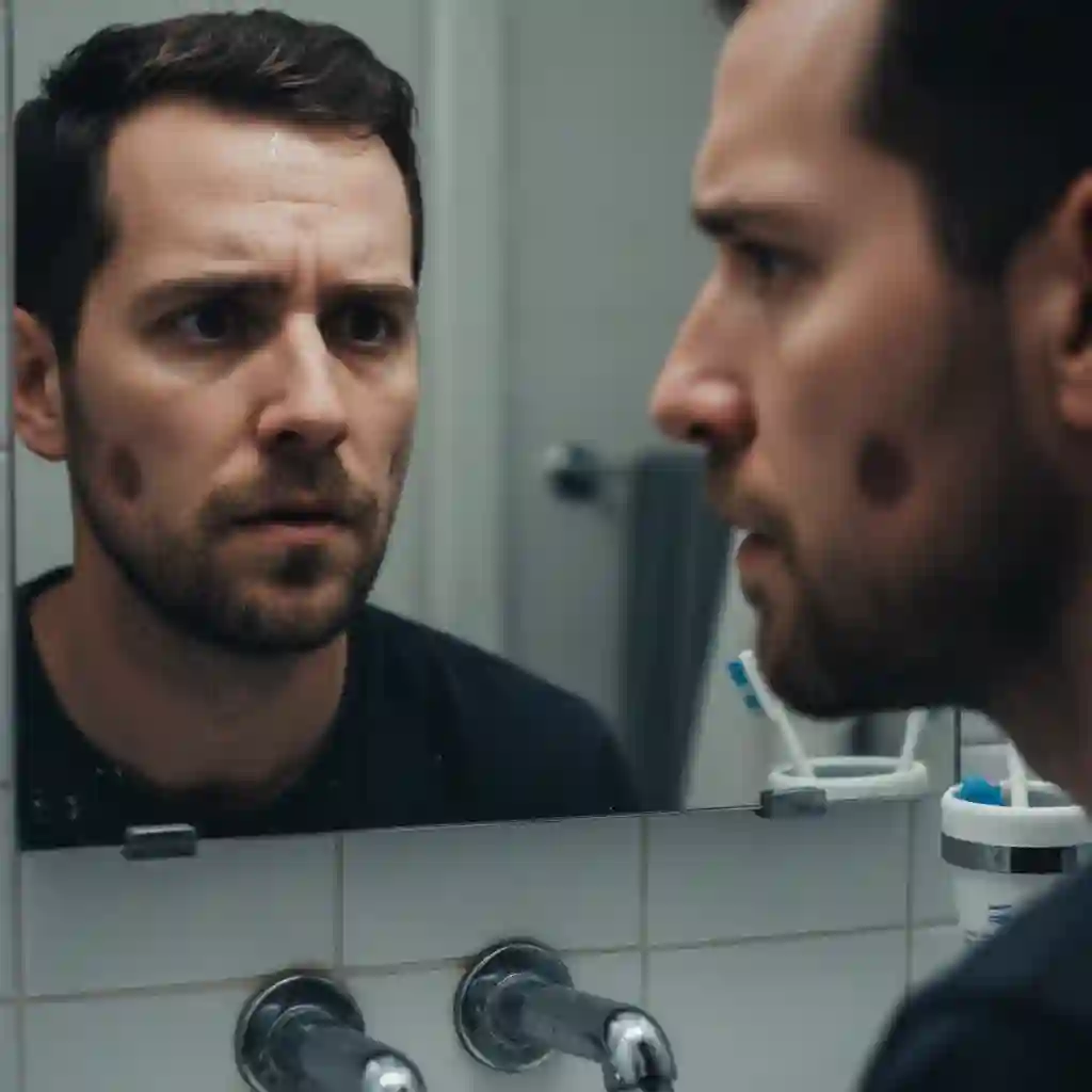 A frustrated man looking in the mirror dealing with patchy growth, illustrating the struggle of finding the right beard styles and face shapes for his specific needs, hoping for a solution.