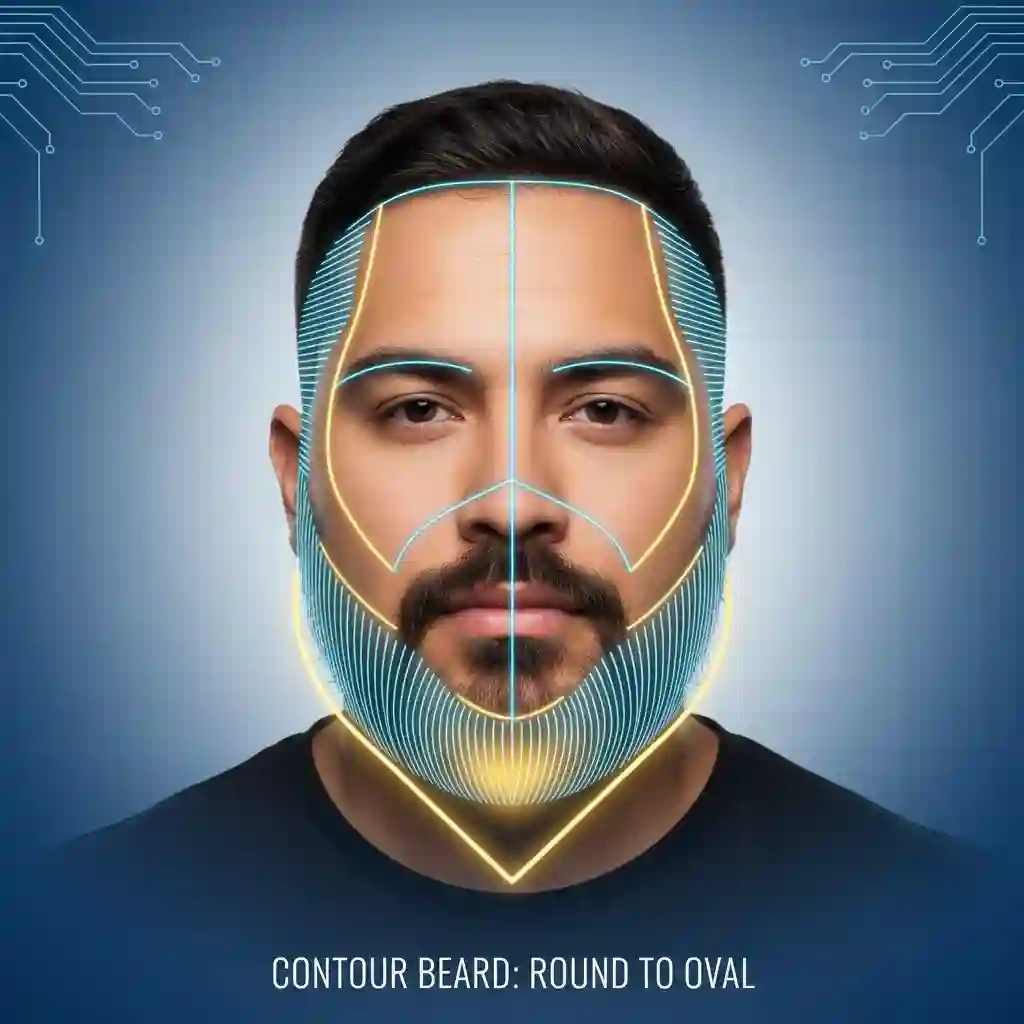 Visual demonstration of how a beard can elongate a round face, a key principle in matching beard styles and face shapes for better proportion and sharper definition.