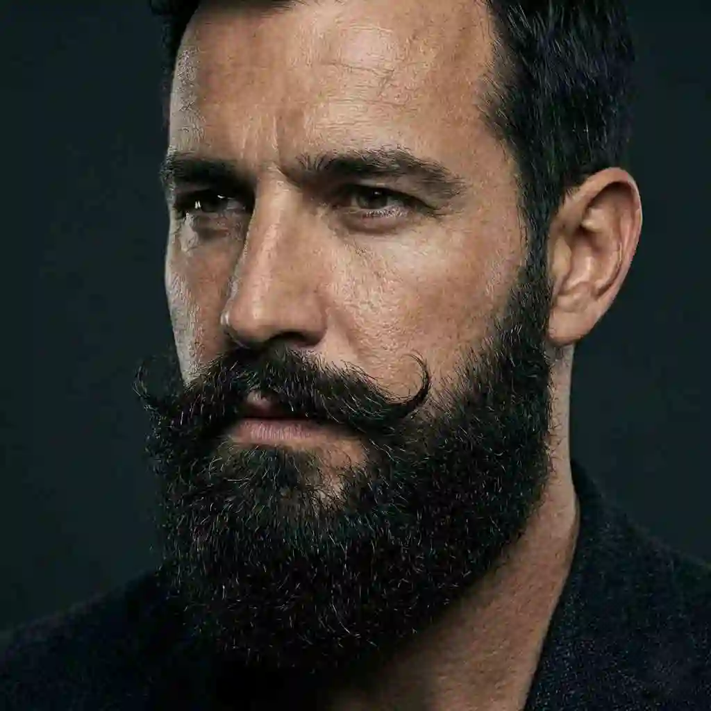 A full Verdi beard with styled mustache, representing high-maintenance beard styles and face shapes that require dense growth and daily grooming for a perfect finish.